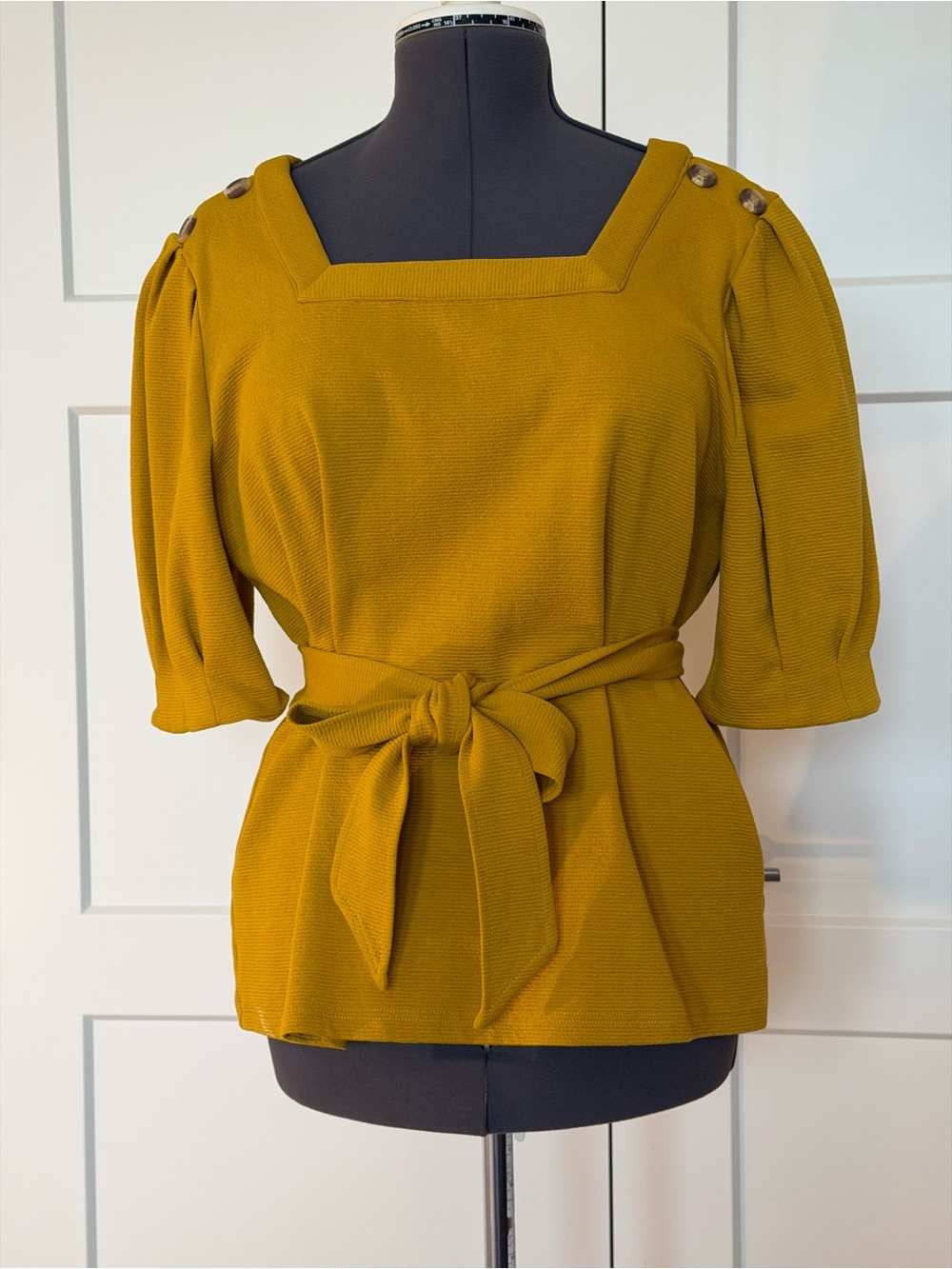 Anthropologie Mustard Square-Neck Tie-Waist Blouse